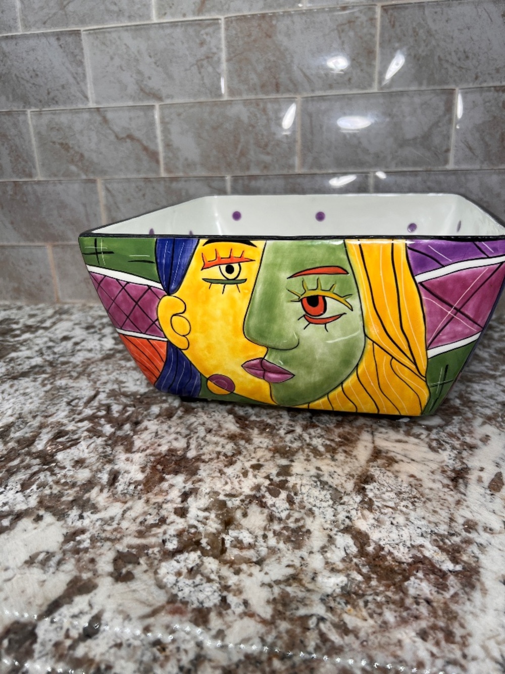 Muzeum Vintage Picasso Style Cubist Abstract Face Ceramic Square Bowl Art